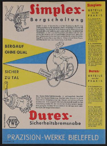 Präzision-Werke Bielefeld Simplex Kettenschaltung und Durex Sicherheitsbremsnabe Werbeblatt 1958