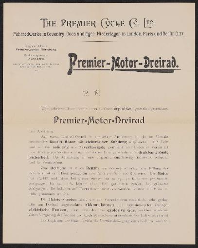 Premier Motor-Dreirad Prospekt 1898