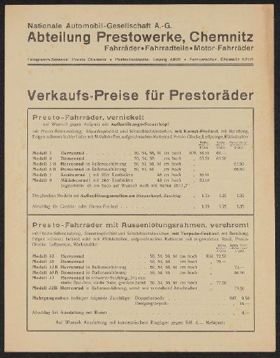Presto Räder Preislisten 1930er Jahre