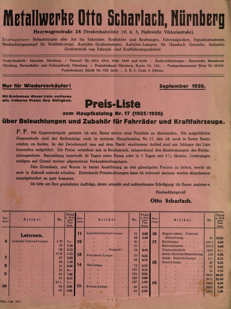 1926 Scharlach Hauptkatalog No.17 Preisliste 2