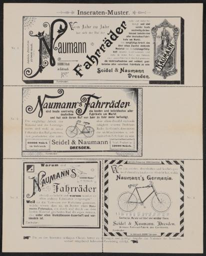 Seidel und Naumann Fahrräder Inseraten-Muster 1910er Jahre