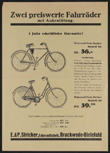 E.u.P. Stricker Fahrradfabrik Werbeblatt 1930er Jahre
