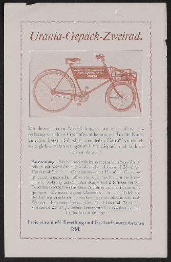 Urania Gepäckrad Werbeblatt 1920er Jahre