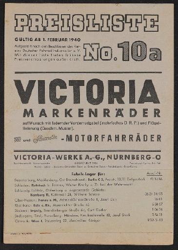 Victoria Markenrad Preisliste 1940