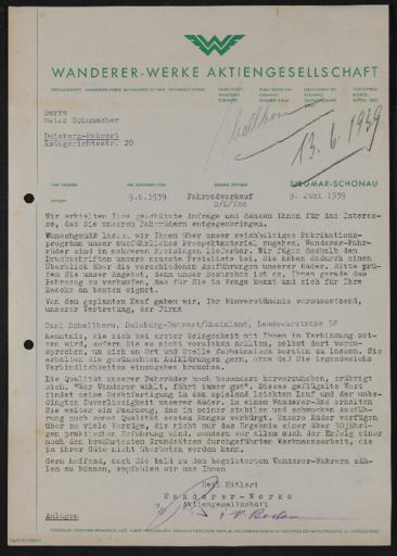 Wanderer Brief an Händler 1939