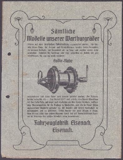 Wartburg Werbeblatt für Eadie Freilaufnabe 1906