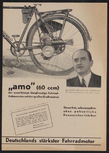 amo Fahrrad-Anbaumotor 60ccm Faltblatt 50er Jahre